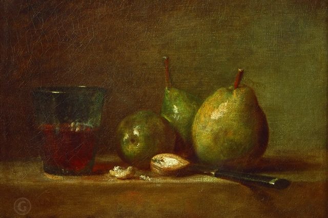 Груши, грецкие орехи и стакан вина