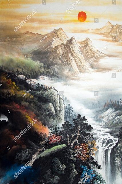 закат,горы и водопад 