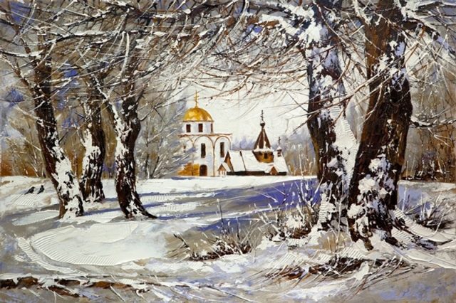 церквушка в зимнем лесу 