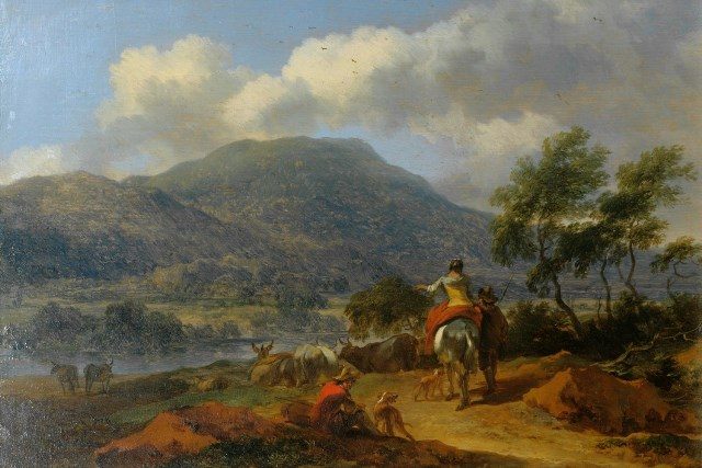 Горный пейзаж с двумя пастухами, пастушкой и стадом. 1670