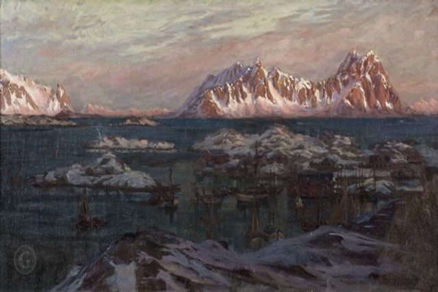   Рыбацкая гавань с солнечными горами. Этюд из Северной Норвегии