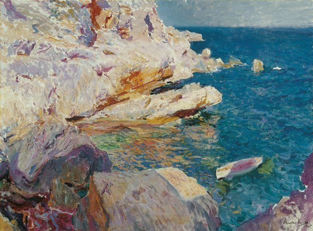 скалы и белая лодка 
