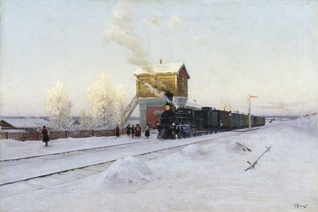 На полустанке. Зимнее утро на Уральской железной дороге. 1891. Хол