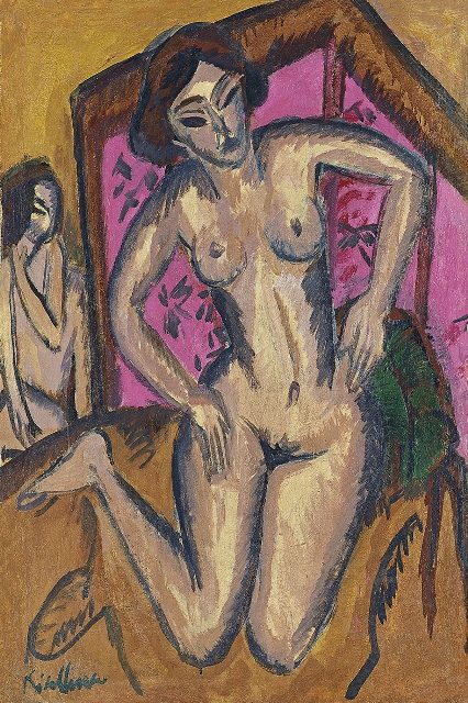 Обнаженная на коленях перед красным экраном, 1911