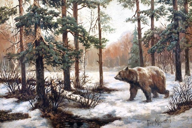 медведь в зимнем лесу 