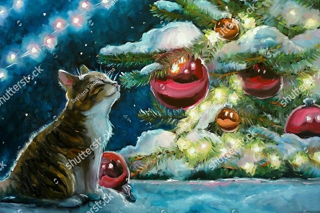 котенок у новогодней елочки 