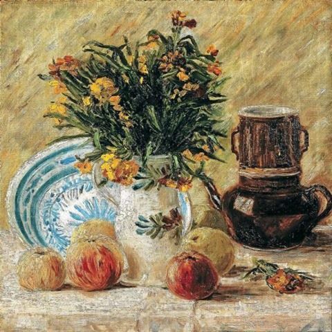 Ваза с цветами, кофейник и фрукты, 1887