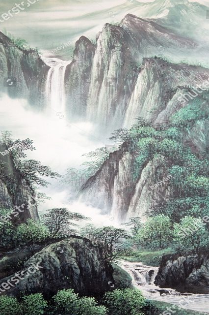 высокие горы и водопад 