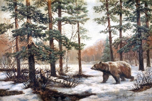 медведь в зимнем лесу 