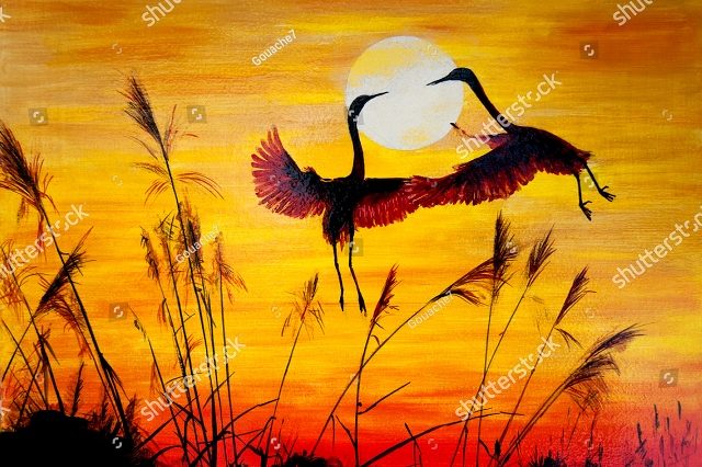 журавли и закат 