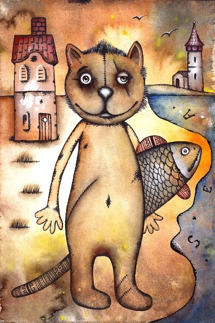кот на пляже 